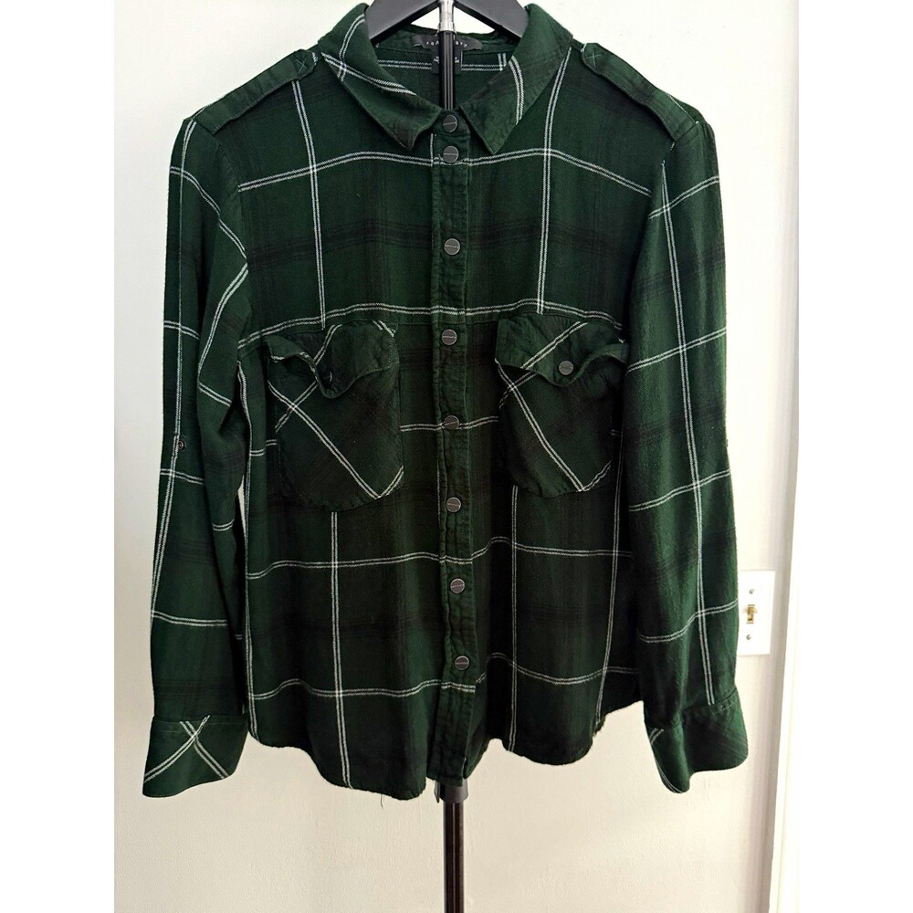 Sanctuary Womenโs Plaid Green Button Up Shirt L Long Sleeve Pockets Fitted